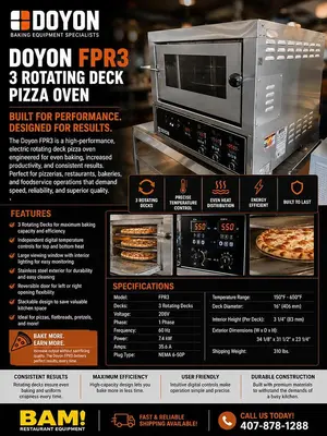 Doyon Model FPR3 - 3 Rotating Deck Pizza Oven - 208V 1 PhaseDoyon Model FPR3 - 3 Rotating Deck Pizza Oven - 208V 1 Phase