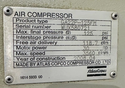 ATLAS COPCO GA22P-125FM 30HP AIR COMPRESSOR