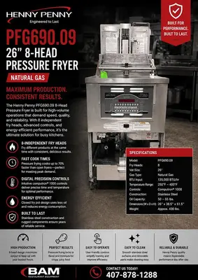Henny Penny PFG690.09 26” 8-Head Natural Gas Pressure FryerHenny Penny PFG690.09 26” 8-Head Natural Gas Pressure Fryer