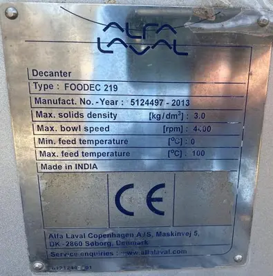 Alfa-Laval FOODEC 219 sanitary decanter centrifuge, 316SS.