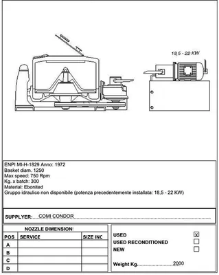 Comi-Condor 1250mm solid basket centrifuge, SS/rubber-lined.