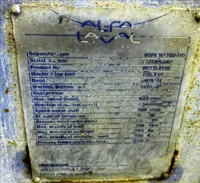 Alfa-Laval WSPX 307 TGD-71G oil concentrator, SS.