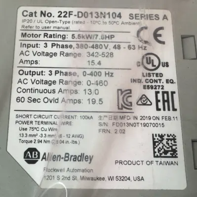 NEW ALLEN BRADLEY 22F-D013N104 POWERFLEX 4M 7.5HP SER. A