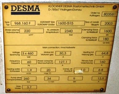 180 Ton/220cc Desma Injection Press, Item # 1321C