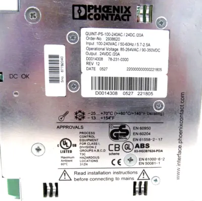 USED PHOENIX CONTACT QUINT-PS-100-240AC/24DC/20A POWER SUPPLY 2938620