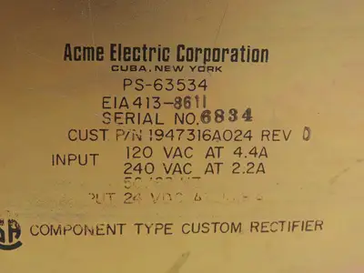 Acme Electric 1947316A024 PLC Power Supply Module 120V Input 240VAC Rev D