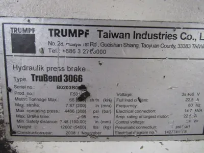 70 Ton x 80" TRUMPF TruBend CNC Hydraulic Press Brake, Model 3066