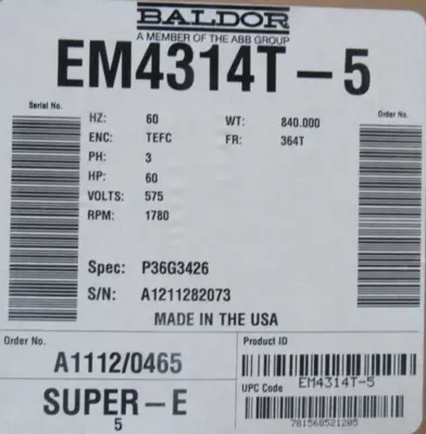 NEW BALDOR EM4314T-5 MOTOR 60HP 575V 364T 2-3/8" 1780RPM EM4314T5