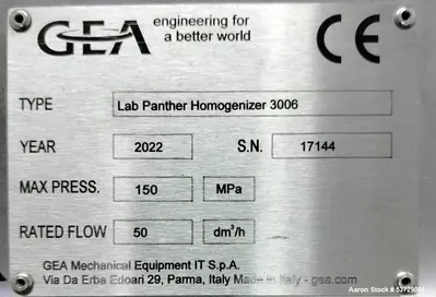 Used GEA Panther1500 Lab Homogenizer – 150 MPa | 50 L/h | Nanoemulsion | High Shear | 2022 | <300 Hrs Use