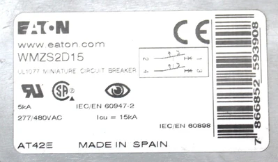 Eaton WMZS2D15 Circuit Breaker 15 Amp, 2 Pole, 277 V