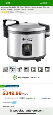 Avantco RCSA60 60 Cup, Sealed Electric Rice Cooker / Warmer 120V NEW
