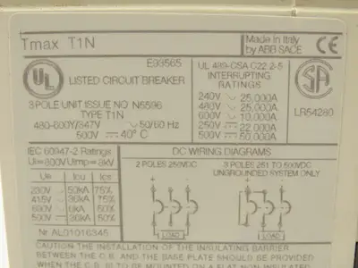 ABB Tmax T1N SACE Circuit Breaker 80A 3 Pole 600V