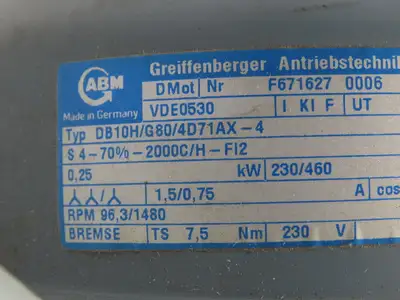 ABM DB10H/G80/4D71AX-4 Inline Gearmotor w/Brake .25kw 230/460V 3PH 96rpm 15:1