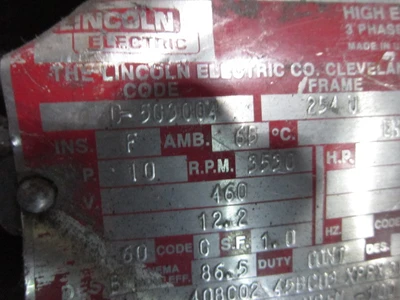 10 HP Lincoln Electric Motor,  3530 RPM