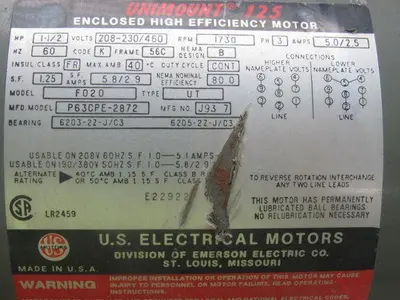 US Motors P63CPE-2872 F020 Type UT 1-1/2 Hp. 208-460V 60Hz. 1730 RPM AC Motor