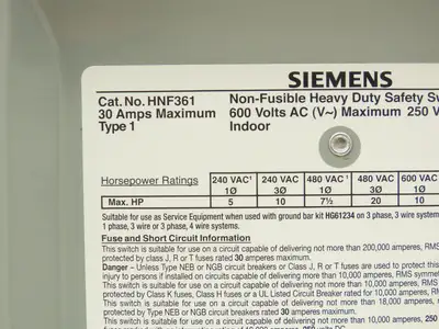 Siemens HNF361 Heavy Duty Safety Disconnect Switch 3P 30A 600VAC 250VDC