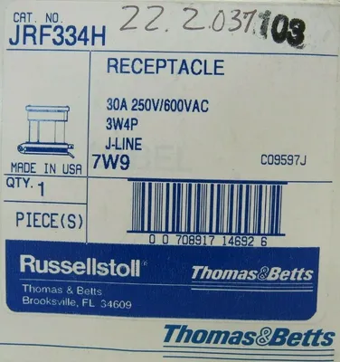 NEW THOMAS & BETTS JRF334H RECEPTACLE 30A 250V/600VAC 3W4P J-LINE 7W9