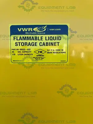 USED VWR 45 GALLON FLAMMABLE LIQUID STORAGE CABINET W/ SOFT CLOSE DOORS, KEY