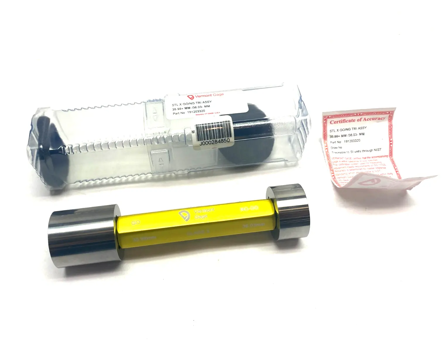 USED VERMONT GAGE TRILOCK GO/NO-GO ASSEMBLY STEEL CLASS X 35.99+MM/36.03-MM