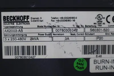 Beckhoff AX2003-AS S60301-520 Digital Compact Servo Drive Amplifier STK K-412-D
