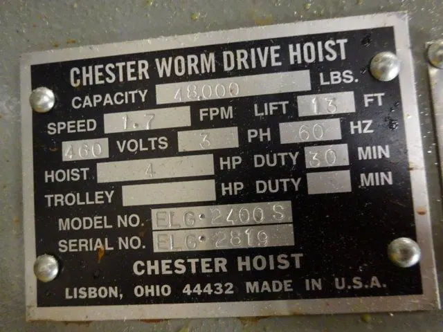 Used CHESTER D212100A Hoists (All Types) Ohio US | Yoder Brothers machinery #91324