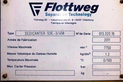 Flottweg S3E-3/408 sedicanter centrifuge, 316SS.