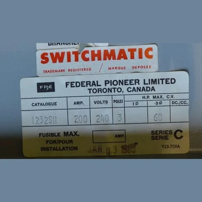 Federal Pioneer 200 Amp Switchmatic Disconnect