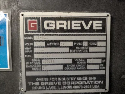 Grieve AA-500 Crowfoot Oven 460/3/60, 500F, 1/3hp; Dims: 5' x 4' x 6'