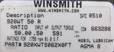 NEW WINSMITH 920XWTS062XFT GEAR REDUCER 50:1 920WT50R