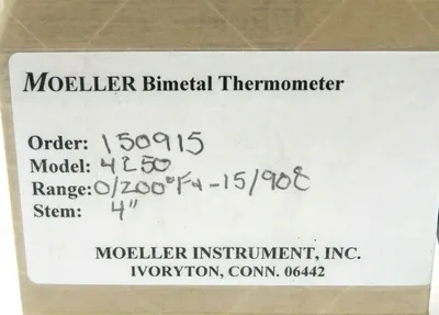 NEW MOELLER 4250 BIMETAL THERMOMETER 0/200 F 15/90C 4"STEM 150915