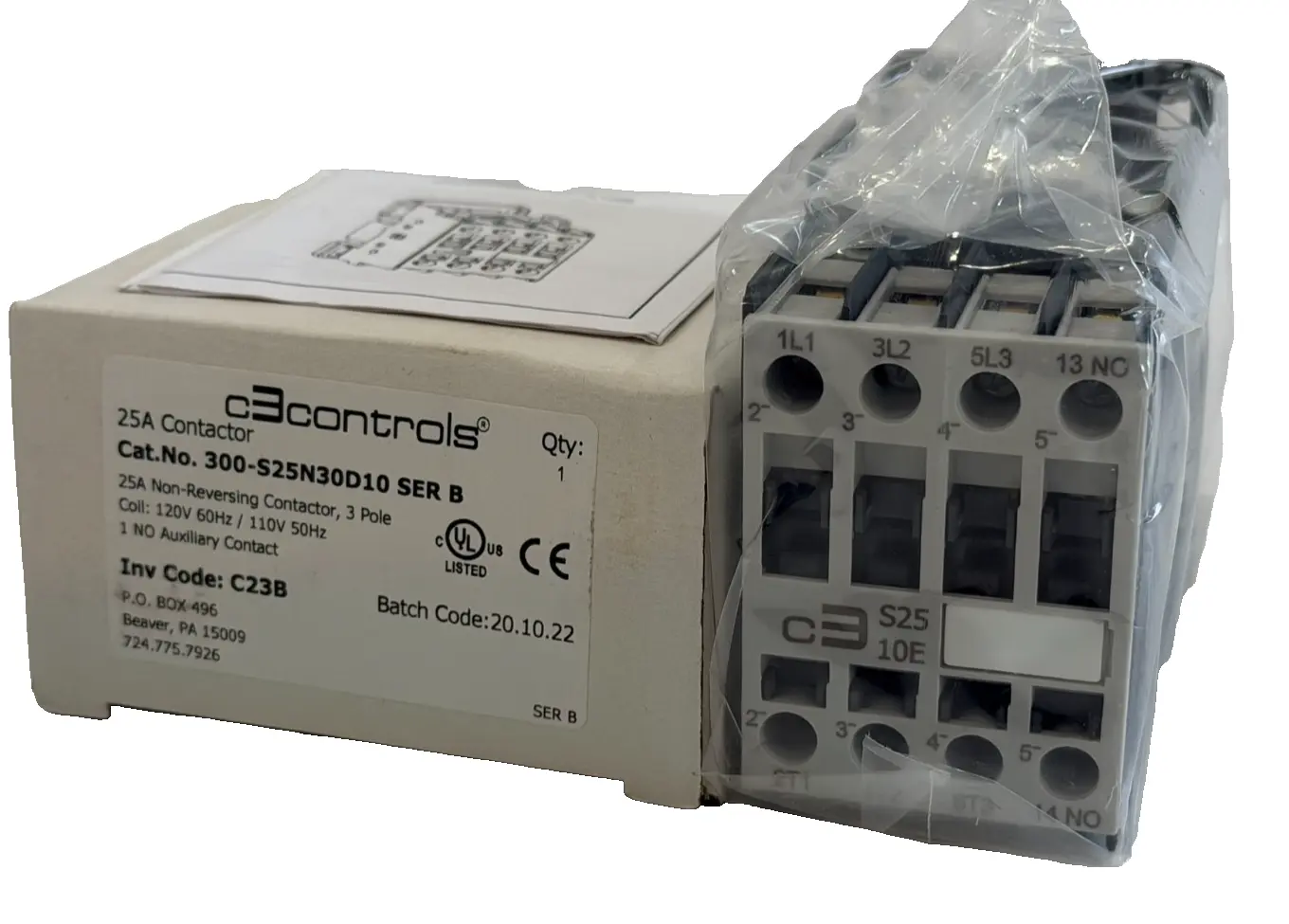 NEW C3CONTROLS 300-S25N30D10 NON-REVERSING CONTACTOR SER.B 300S25N30D10