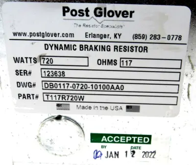 NEW POST GLOVER T117R720W DYNAMIC BRAKING RESISTOR