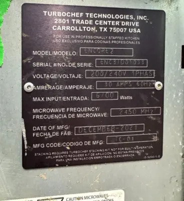 182-0184 Turbo Chef Bullet Encore 2 Oven