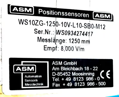 NEW ASM WS10ZG-1250-10V-L10-SB0-M12 POSITION SESNSOR WS10ZG125010VL10SB0M12