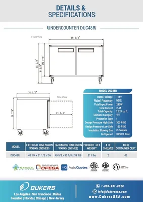 New | in-Stock Dukers New Dukers DUC48R 2-Door Undercounter Refrigerator in Stainless Steel Undercounter Refrigerators Illinois US | Falcon Restaurant Supply #1376261
