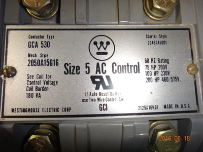 Westinghouse Contactor Size 5, GCA 530