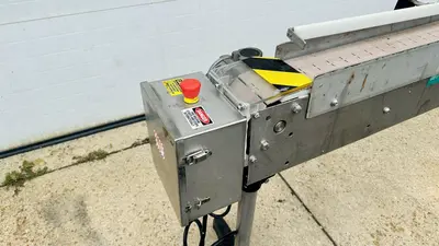 USED INLINE FILLING SYSTEMS S.S. 4" X 10' FLATTOP BELT CONVEYOR