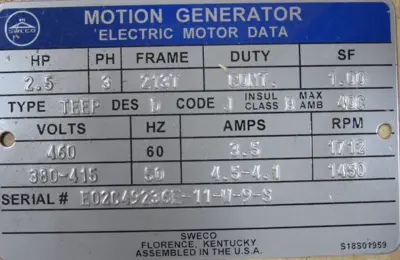 NEW SWECO E02C49236E MOTION GENERATOR 2.5HP 460V 213T E02C49236E-11-W-9-S