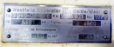 Westfalia SB 60-06-076 clarifier centrifuge, 316SS.