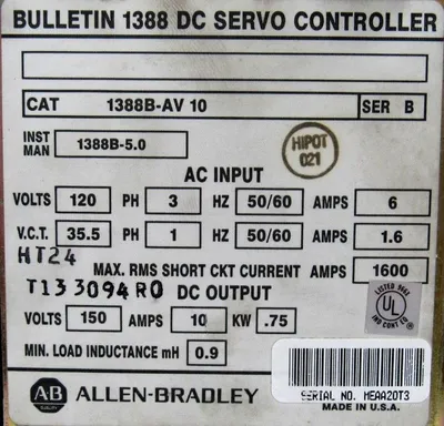 USED ALLEN BRADLEY 1388B-AV-10 SERVO CONTROLLER 1388BAV10 SER B 10A 150V
