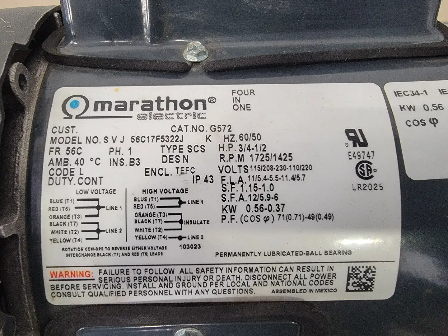 Used MARATHON ELECTRIC 56C17F5322J Motors (misc) British Columbia CA | Lenmark #246278