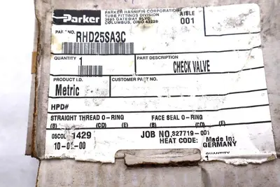 NEW PARKER RHD25SA3C METRIC CHECK VALVE FLUID CONNECTORS #L-586
