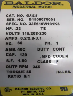 NEW BALDOR GLP3338 GEAR MOTOR .33HP 115-208/230V 3450RPM