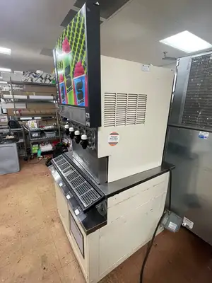 Used FBD MFG Used FBD 564 Frozen Beverage 4 Flavor Dispenser with Drink Station Stand As-Is 220V Slushie Machines Illinois US | Falcon Restaurant Supply #1375592