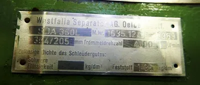 Westfalia SDA 360L decanter centrifuge, 316SS.