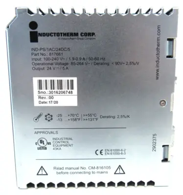 NEW INDUCTOTHERM CORP. IND-PS/1AC/24DC/5 POWER SUPPLY 817661 INDPS1AC24DC5