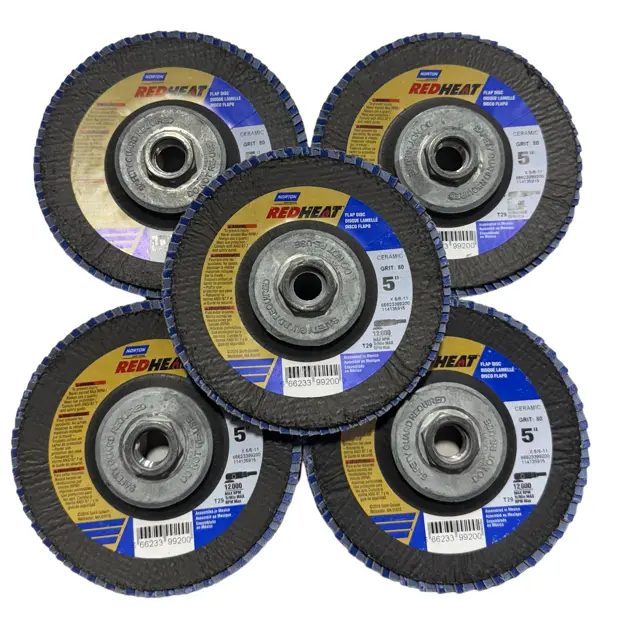 Norton RED HEAT 5" x 5/8-11 Flap Wheel 80 Grit T29 Ceramic 5 Pack