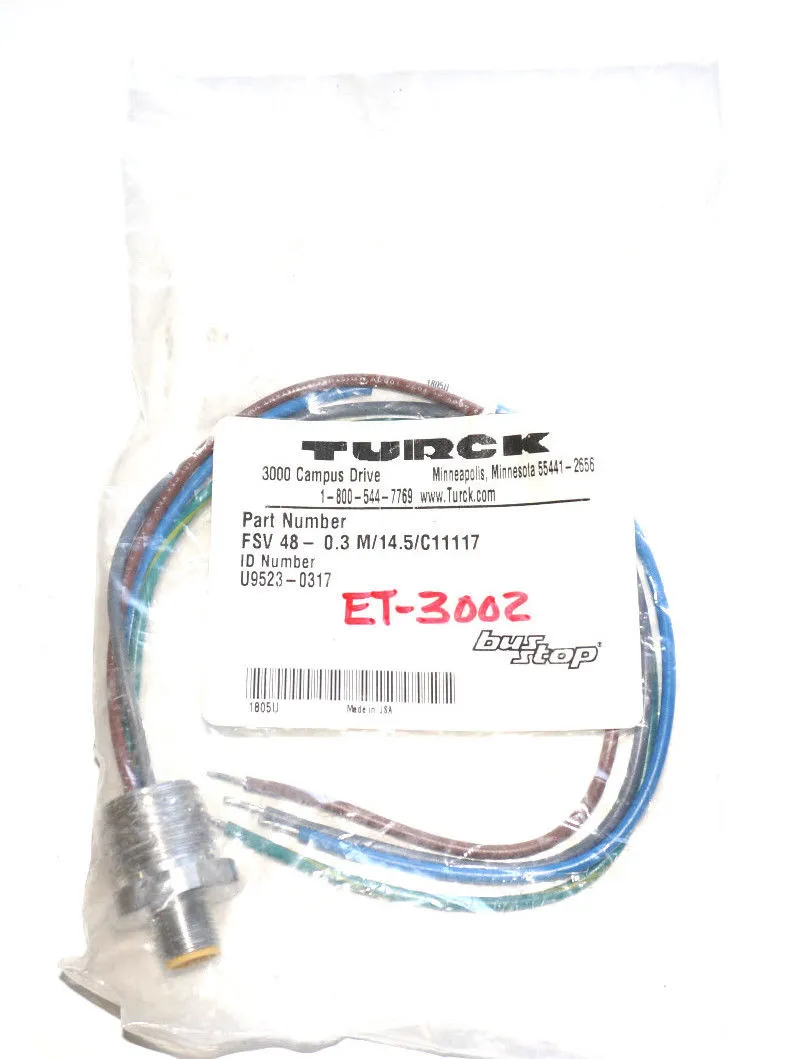 NEW TURCK FSV 48-0.3M/14.5/C11117 NETWORK RECEPTACLE U9523-0317