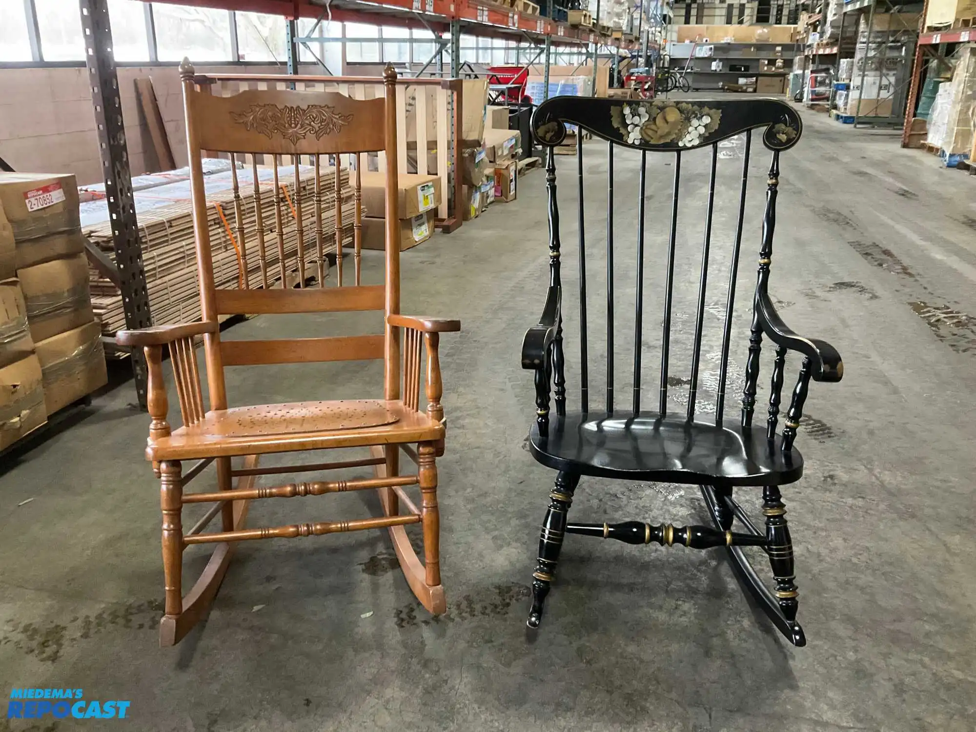 Lot of (2) wooden rocking chairs- brown press back oak rocking chair & black Boston rocker...