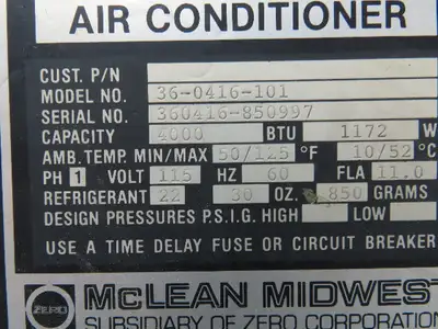 Mclean Midwest 36-0416-101 Electrical Enclosure Air Conditioner 4000 BTU 115V